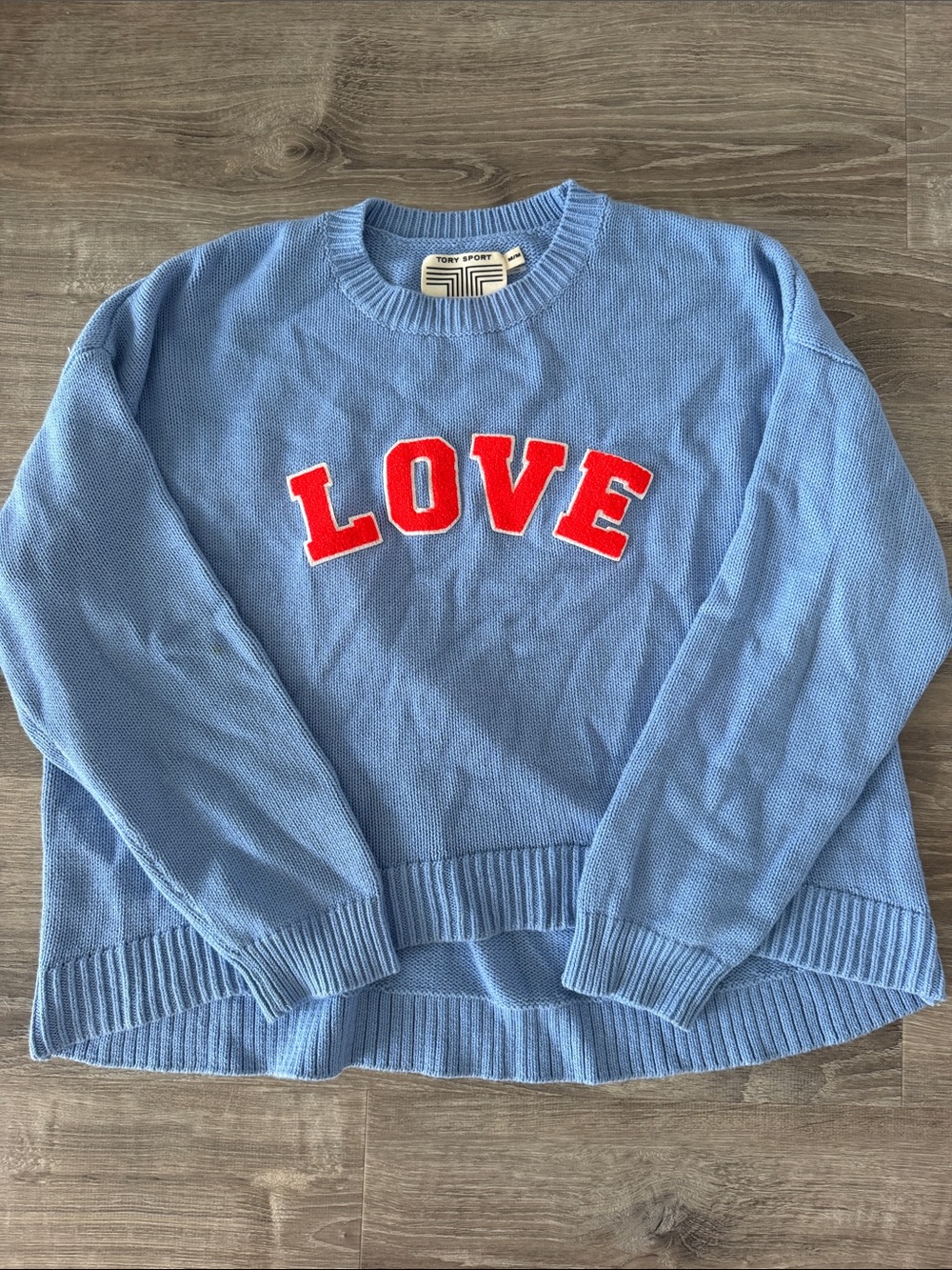 Tory Sport Powder Blue 'LOVE' Cashmere Crewneck Sweater with Red Applique